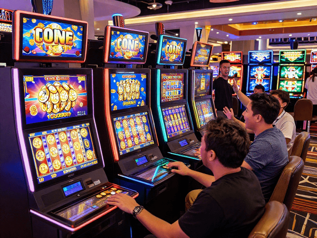 Exciting casino scene showcasing players winning slot jackpots amidst colorful machines