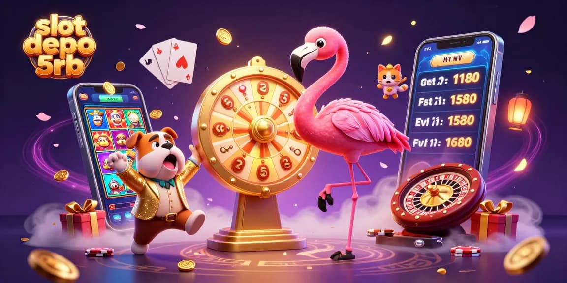 Engage with thrilling slot depo 5rb action in this dynamic 3D casino scene featuring colorful games.