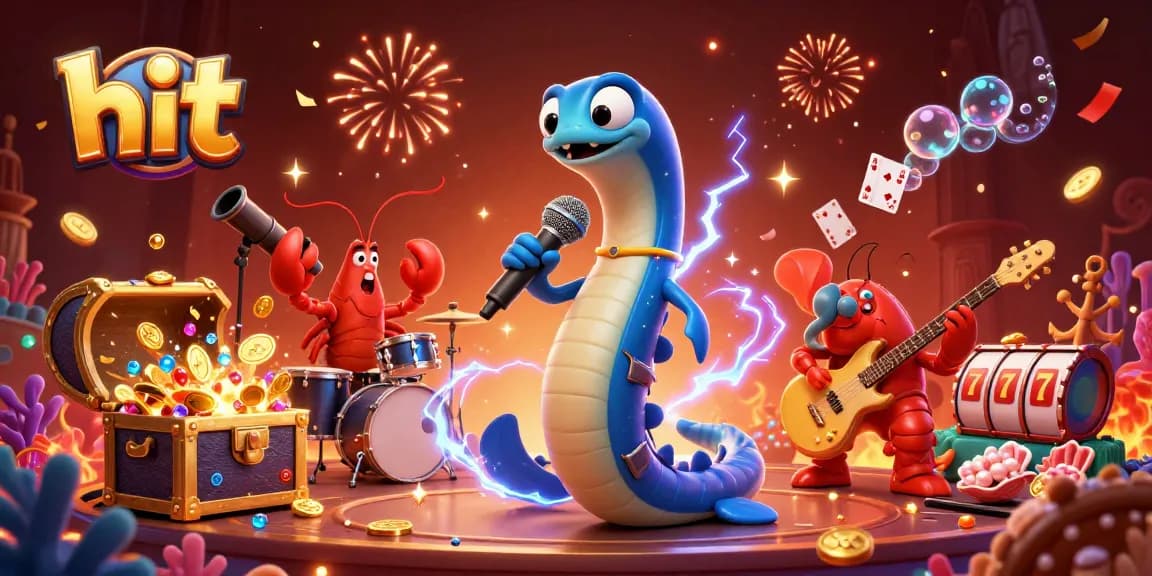 Hit casino atmosphere with a vibrant electric eel DJ, lobster drummer, and seahorse guitarist.