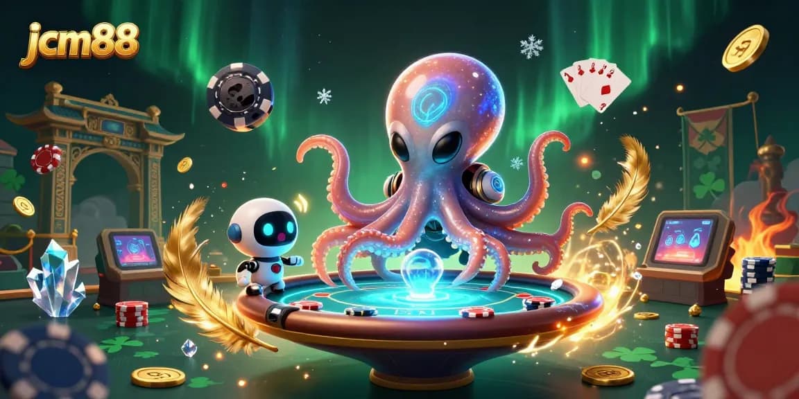 Engage with jcm88's vibrant alien poker scene featuring an octopus and robot in action.