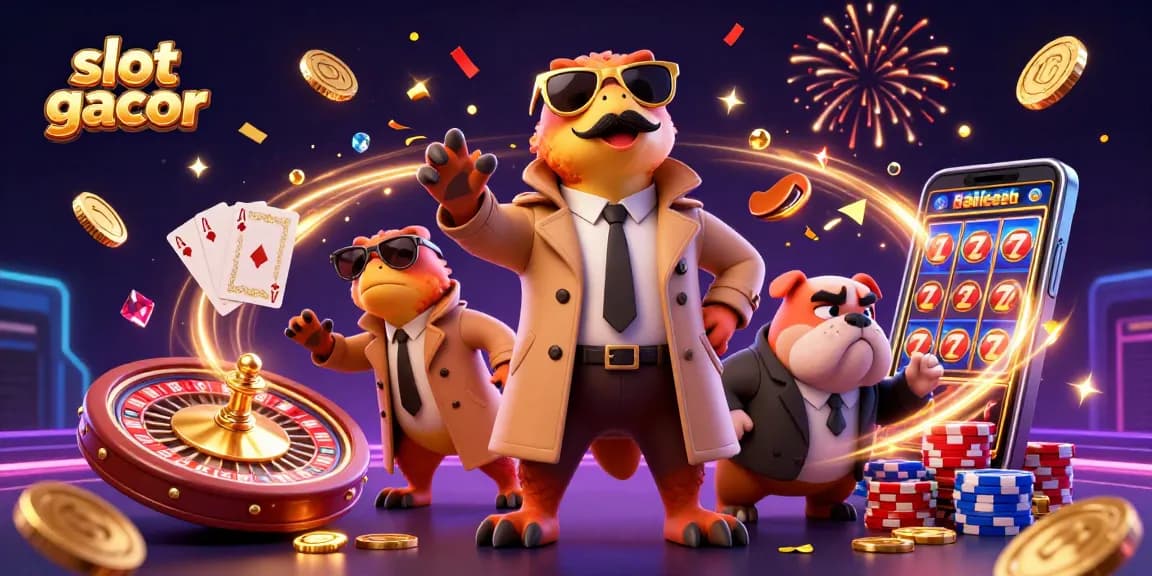 Engage in thrilling slot gacor gameplay with three raptors, confetti, and vibrant casino elements.