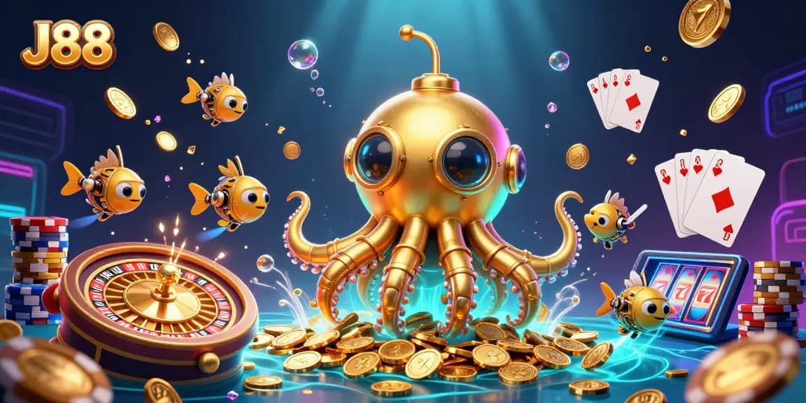 Engage with J88's thrilling underwater adventure featuring a golden kraken submarine amid cascading coins.