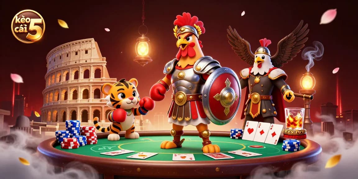 Experience kèo nhà cái 5 excitement with a dynamic 3D scene featuring a gladiator rooster and epic elements.