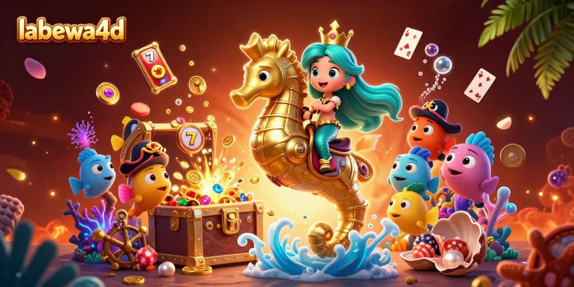 labewa4d menampilkan ilustrasi putri duyung bermain permainan slot di bawah laut, dikelilingi oleh ikan kartun berwarna-warni.