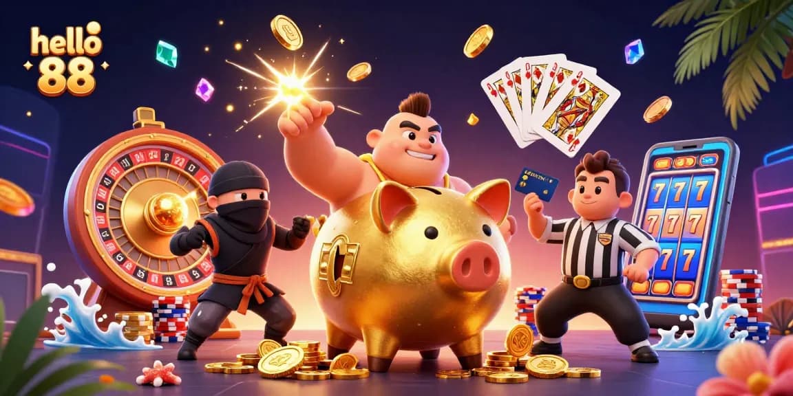 Play exciting games at hello 88 with vibrant casino elements, including spinning roulette and golden coins.