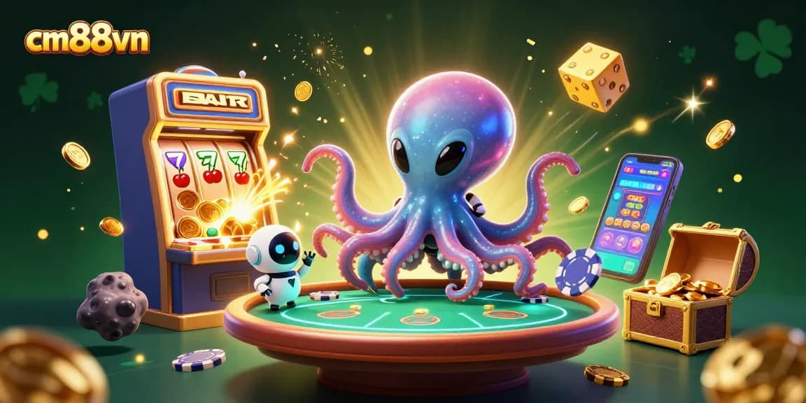 Experience thrilling gameplay at cm88vn with a vibrant scene of an alien octopus at a poker table surrounded by casino elements.