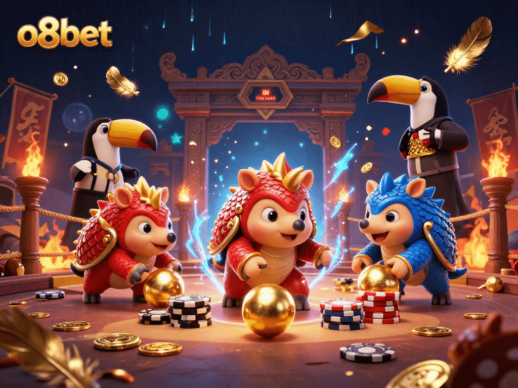 o8bet features animated pangolins in casino action, showcasing vibrant poker elements and energy.