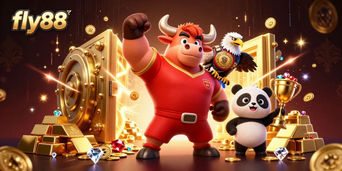 fly88 features a muscular bull mascot and eagle celebrating wins alongside a panda trophy holder in a vibrant casino