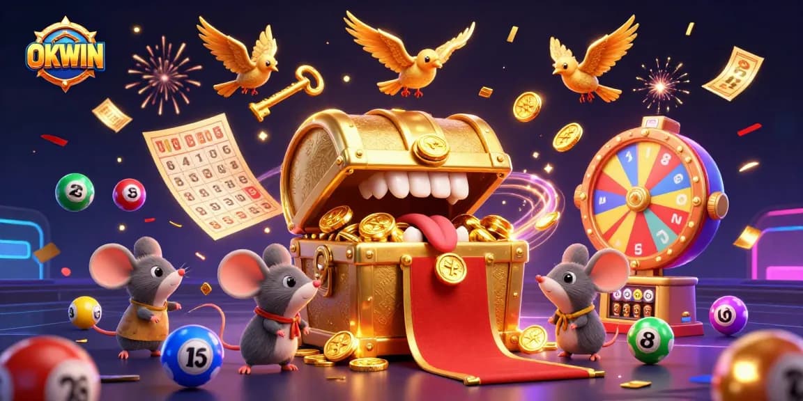 Immerse in the OKWIN gaming experience featuring a treasure chest enticing players with vibrant lottery balls and celebration.