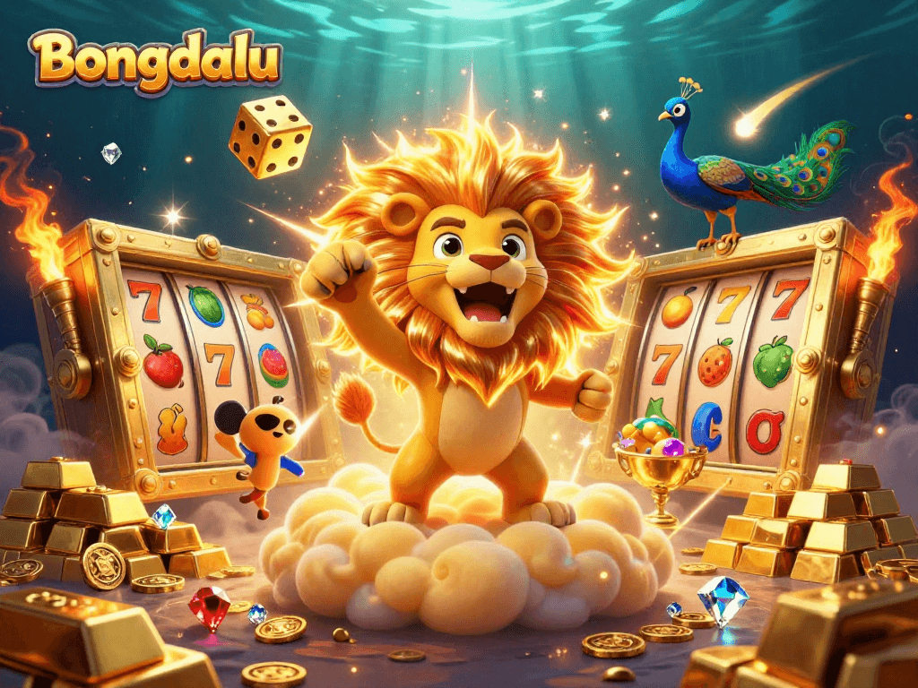 Bongdalu showcases a vibrant illustration with a roaring sun lion, golden dice, and lively slot elements