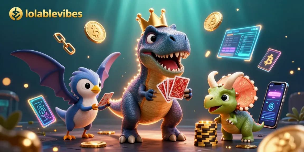 Engage with lovablevibes as dinosaurs play casino games in a vibrant, rich 3D scene.