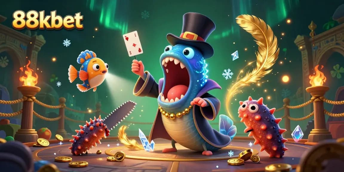 Engaging magic performance by animated 88kbet characters in a vibrant casino scene.