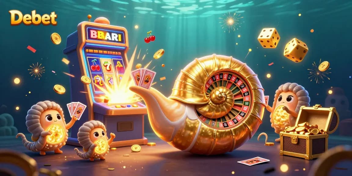 Engage with the exciting world of Debet casino featuring a dynamic nautilus as a roulette wheel, glowing treasures, and vibrant game elements.