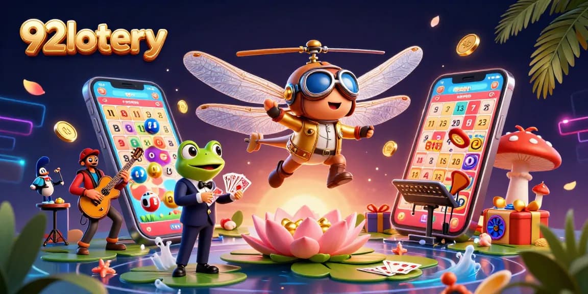 Experience the thrill of 92lottery with our vibrant 3D scene featuring a dragonfly pilot and frog dealer amidst gaming excitement.