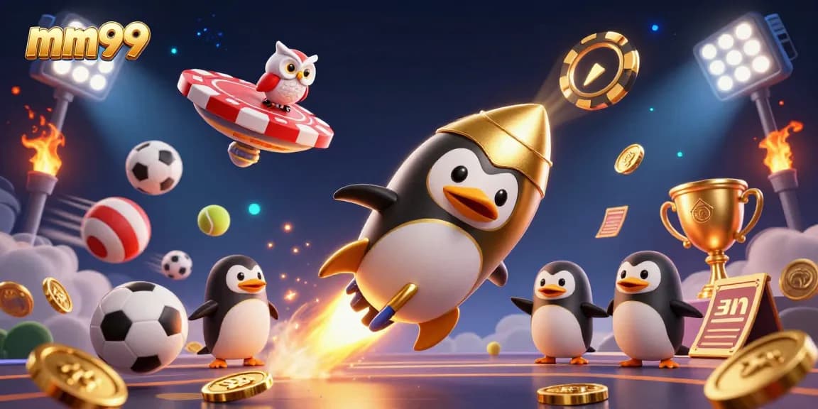 Experience the thrill of mm99 betting with a heroic golden penguin and vibrant casino elements.