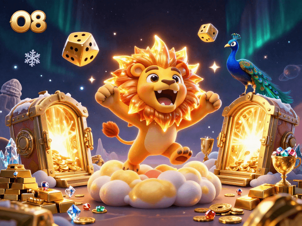 Engage with O8, a thrilling illustration of a casino sun lion amidst golden treasures and vibrant gems.