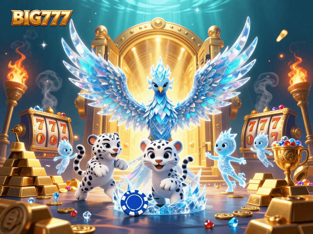 Experience BIG777's magic with a stunning 3D illustration of vibrant casino elements and characters.