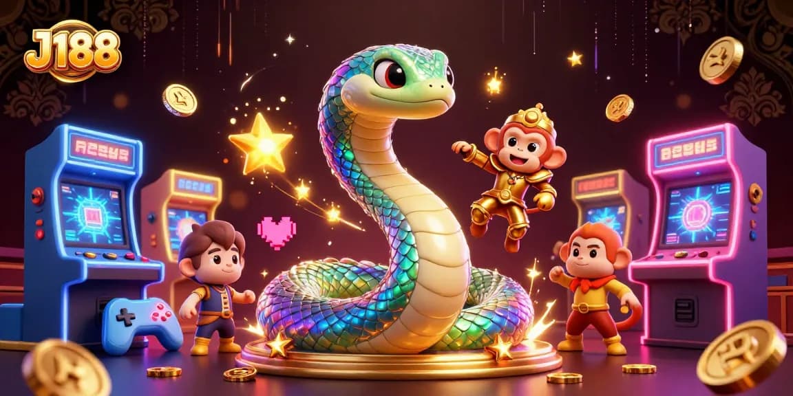 Experience thrilling gaming with J188, featuring a vibrant scene of a rainbow serpent and golden monkey king.