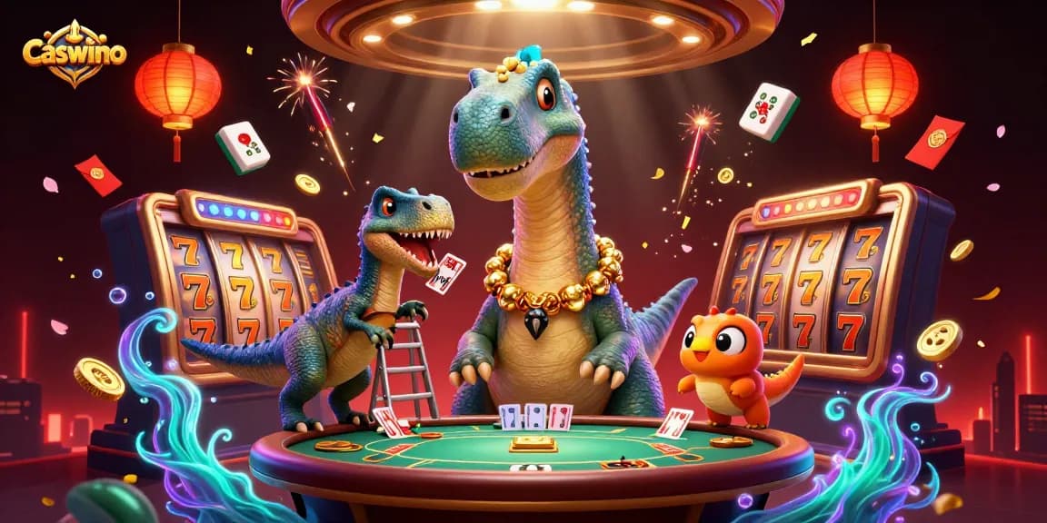 Caswino Casino features a playful scene with a brontosaurus and raptor dealing cards while surrounded by vibrant gaming elements.