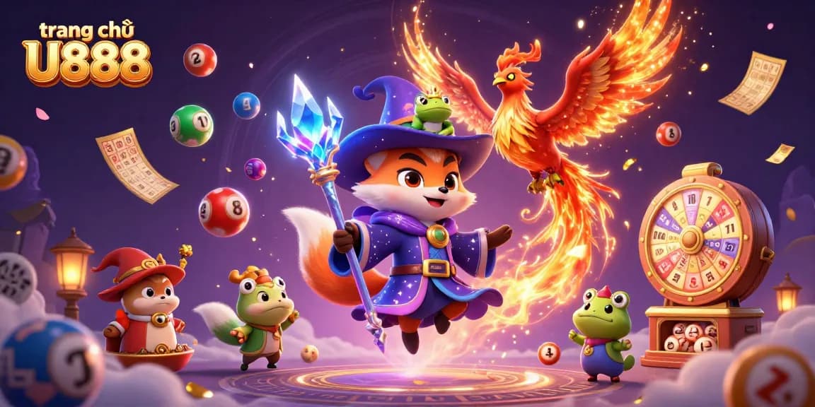 Engage in exciting lotteries with trang chủ U888 featuring a magical fox wizard, phoenix, and vibrant game elements.