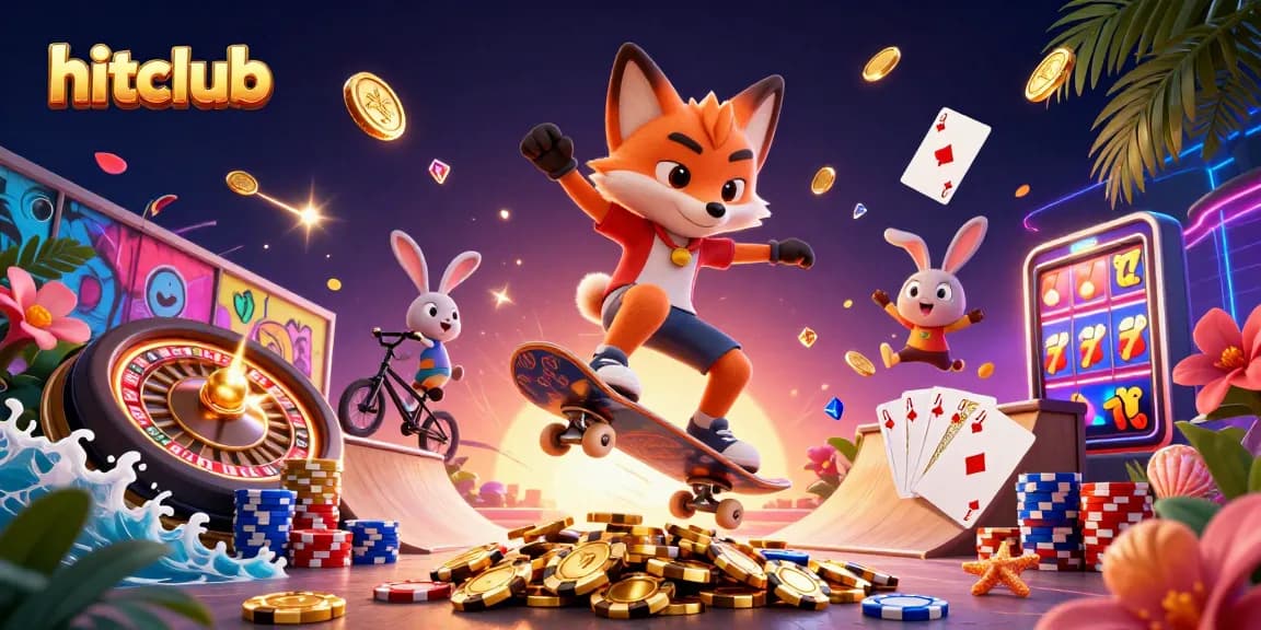 hitclub showcases a vibrant scene of a fox and rabbit immersed in dynamic casino gaming, featuring golden coins and roulette.