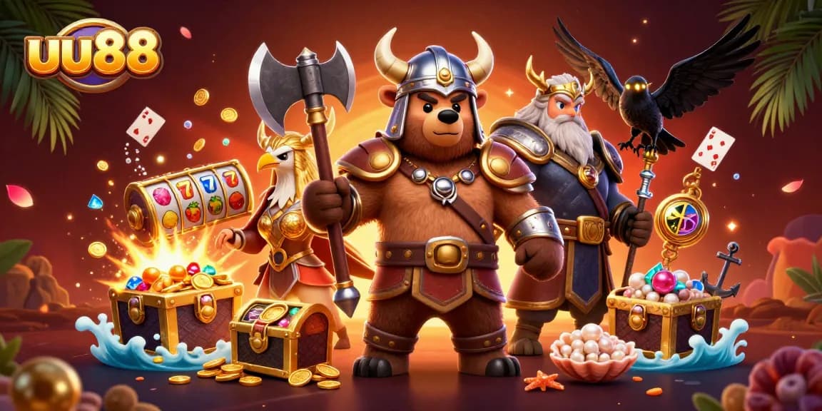 Experience winning at uu88 with a vibrant illustration of a Viking bear, Valkyrie eagle, and glowing elements surrounding slots.