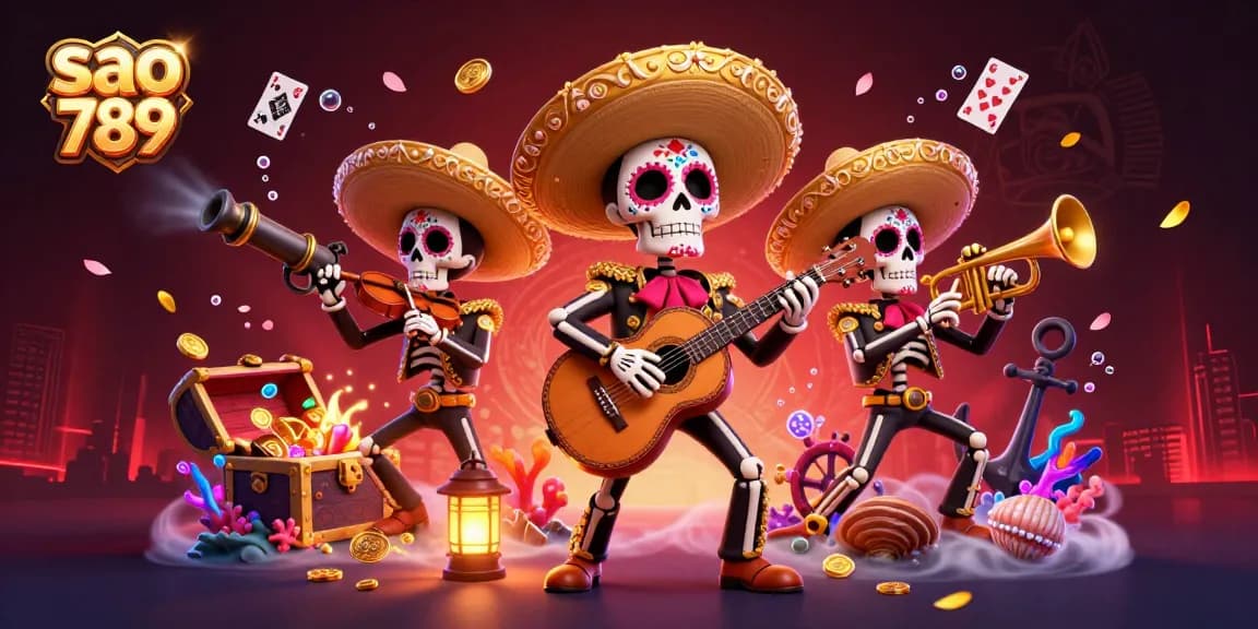 Sao 789's mariachi band celebrates with a treasure-themed casino scene, featuring colorful characters and sparkling game elements.