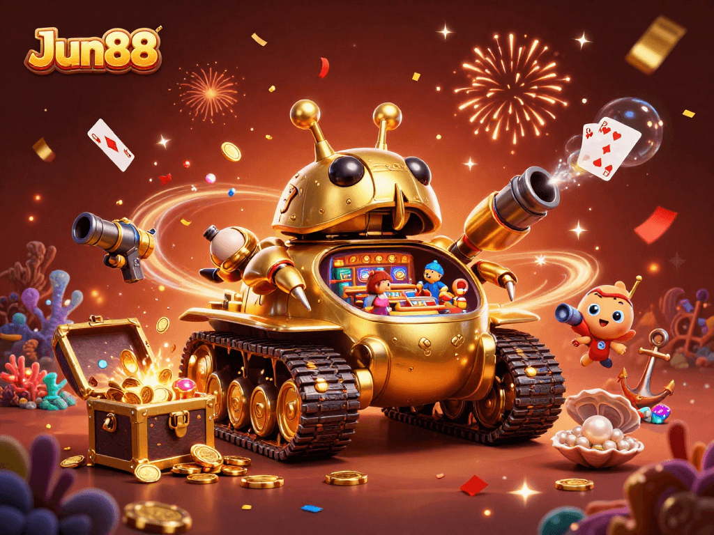 Experience the excitement of Jun88 casino with a vibrant 3D illustration showcasing dynamic gaming elements.