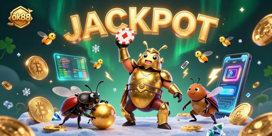 Experience excitement with ok88 as cartoon beetles celebrate victories with poker chips and crypto coins.