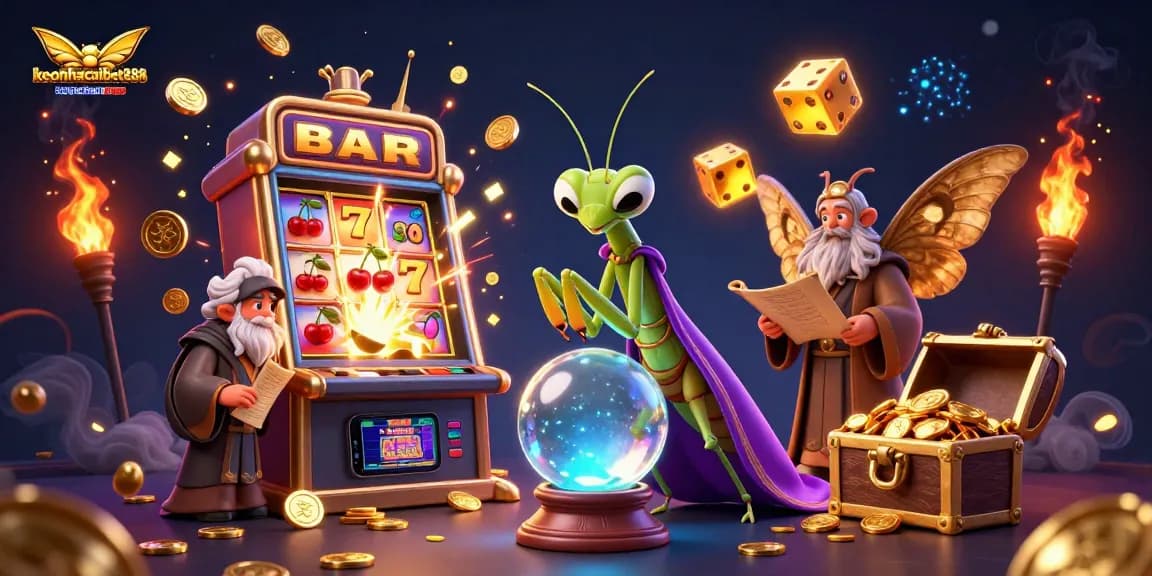 Engage with keonhacaibet888's thrilling slot machine experience in a mystical casino scene.