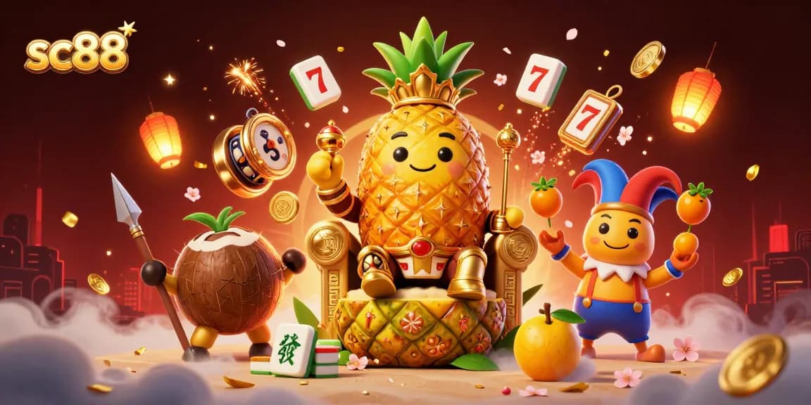 Play exciting games at SC88, featuring a golden pineapple king surrounded by vibrant casino elements.