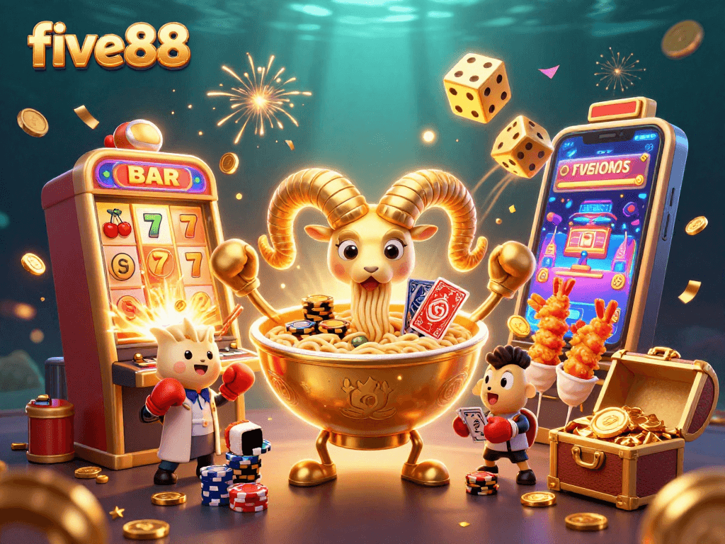 Experience excitement at five88 with a 3D illustration of a playful casino scene featuring a giant ramen bowl dealer and vibrant slot machine action.