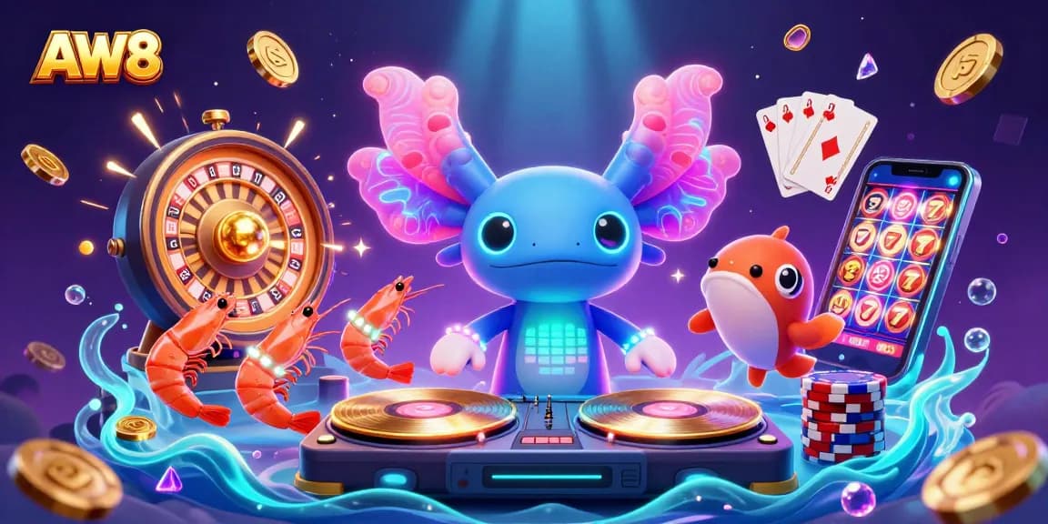 AW8 dances with luck and excitement in a vibrant underwater casino scene with glowing elements.