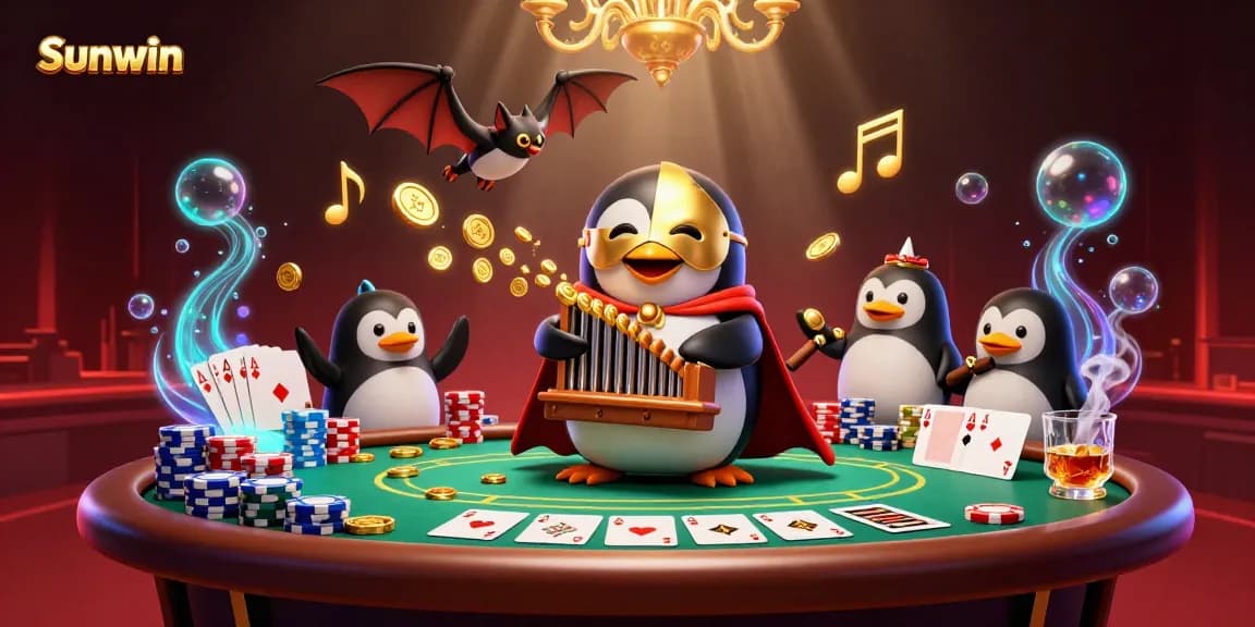 Experience the thrill of Sunwin with a vibrant 3D casino scene showcasing poker elements.