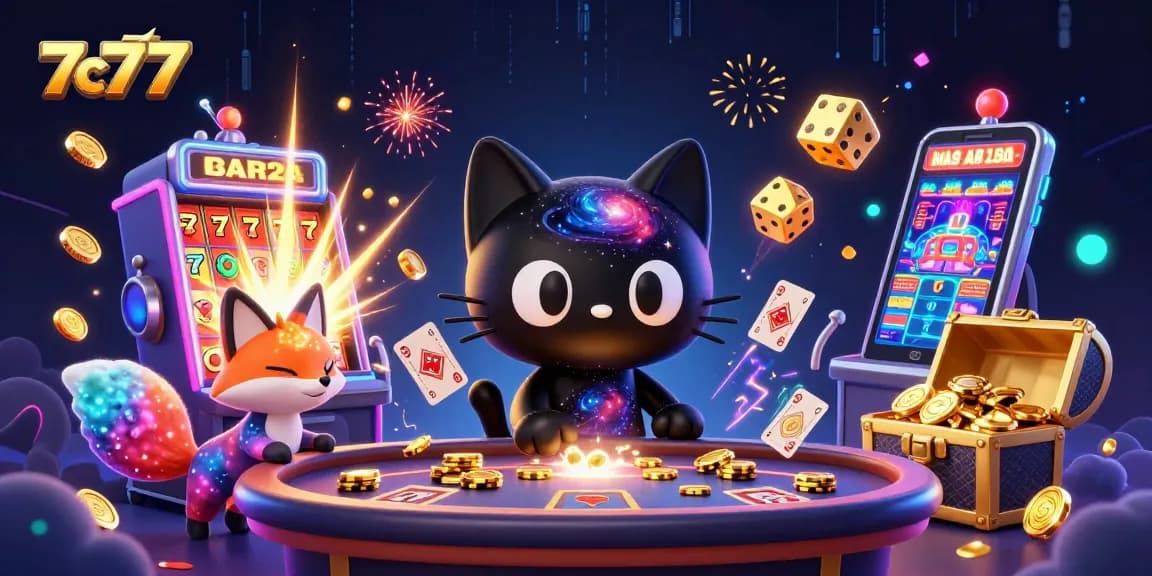 Engage in thrilling gameplay at 7c777 with a cosmic casino scene featuring lively characters and vibrant slot machines.