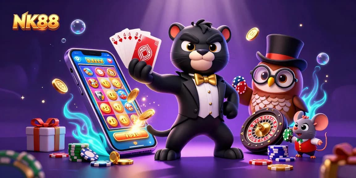 Experience non-stop fun and excitement at NK88 with 3D casino characters dealing cards and poker chips.