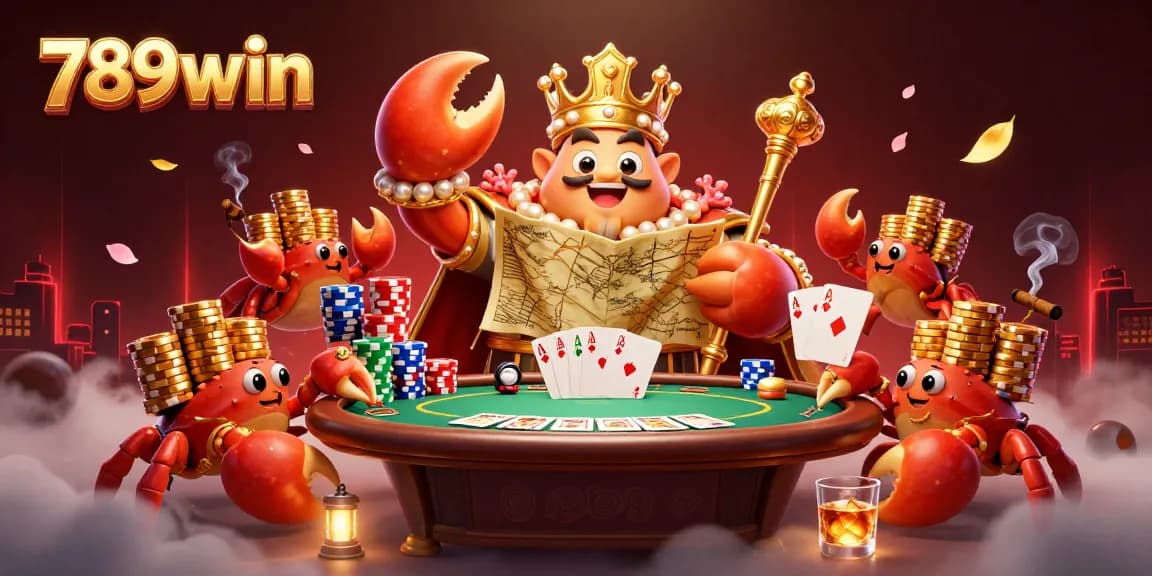 Experience thrilling wins with 789win's vibrant casino scene featuring a golden crab emperor and poker elements.