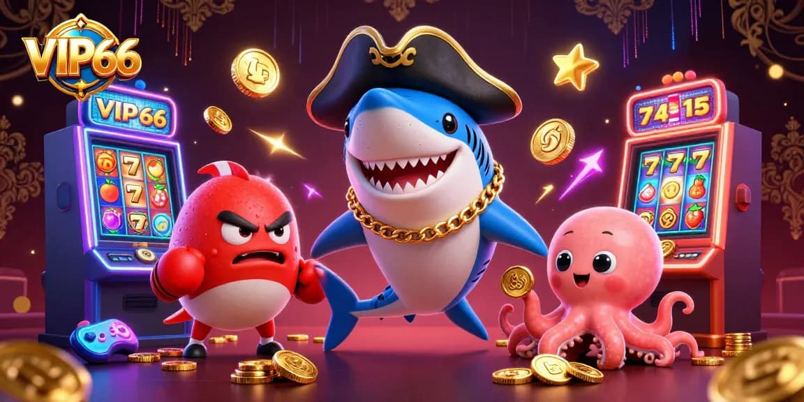 Experience VIP66 with a lively scene of a pirate shark, pufferfish, and octopus amidst vibrant slot machines.