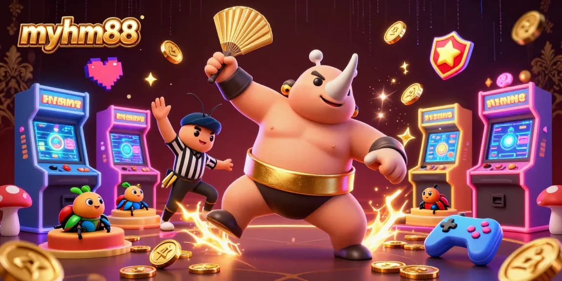Experience the excitement of myhm88 with a dynamic casino scene featuring lively characters and colorful game elements.