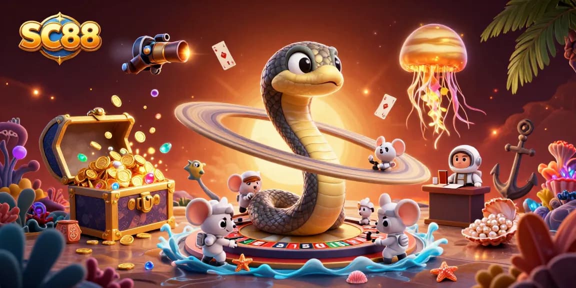 Engaging SC88 gaming illustration with astronaut mice betting on a cosmic roulette and vibrant treasure elements.