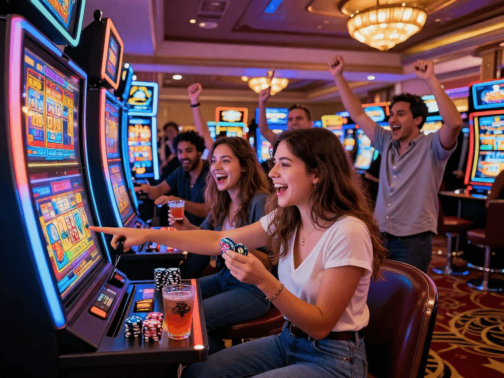 Group celebrating at a slot machine, capturing the excitement of hitting a slot jackpot in a lively casino.
