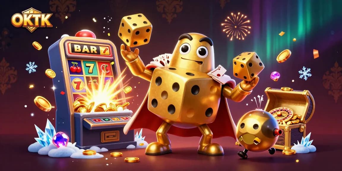 Join the excitement of OKTK with our 3D casino illustration featuring golden dice and lively game elements.