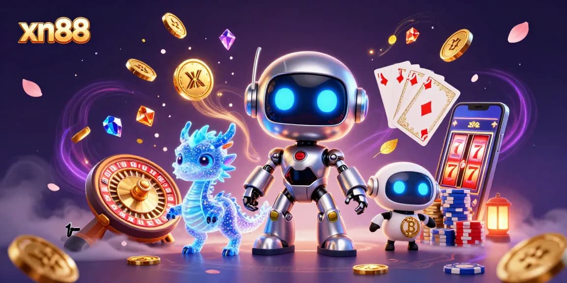 Play and win big at xn88 with vibrant casino games, stacks of chips, and holographic assistants.