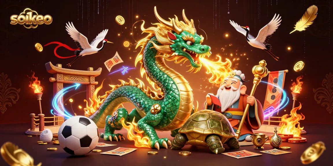 Engage in thrilling sports betting on soikeo with dynamic 3D illustration featuring a dragon and turtle sage.