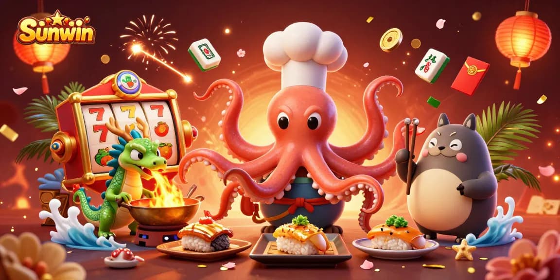 Engage with Sunwin's dynamic casino experience featuring vibrant 3D characters and slot elements.