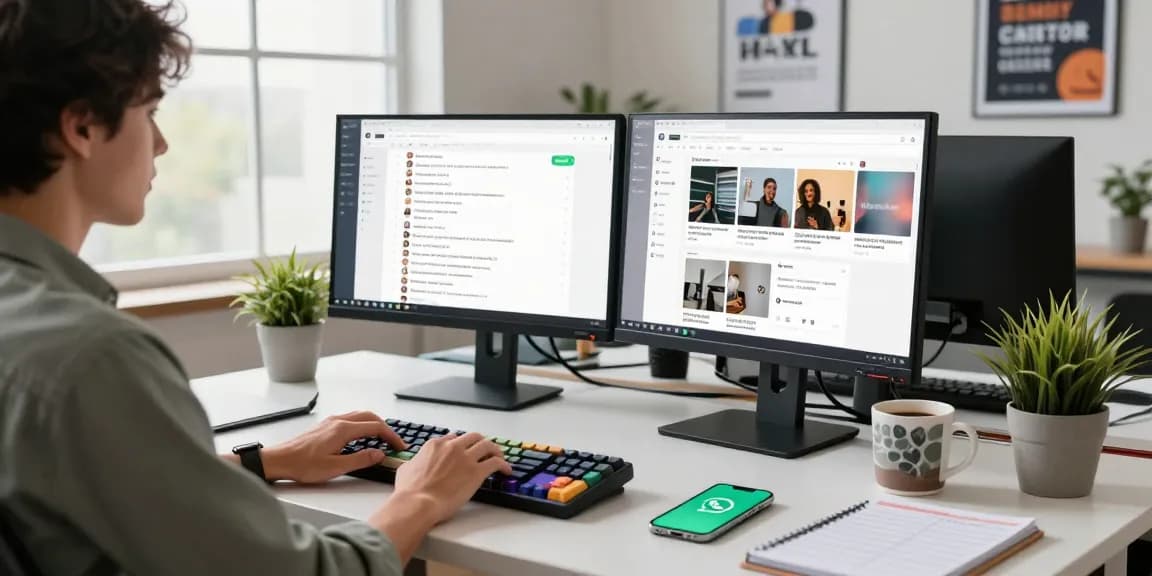 Professional workspace using WhatsApp網頁版 on dual monitors in a bright office.