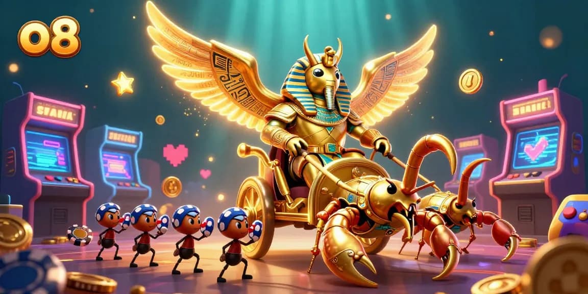 Engage with o8's vibrant gaming universe, featuring a golden scarab chariot amidst energetic casino elements.