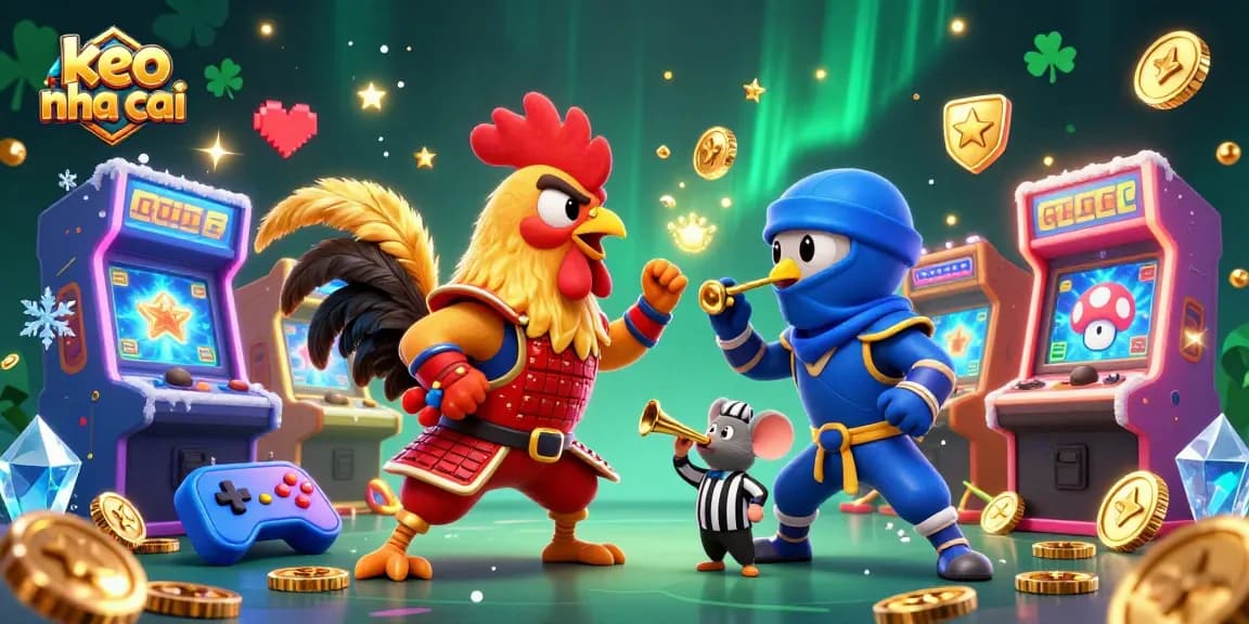 Experience the thrill of keo nha cai with dynamic fighting roosters and arcade game elements.