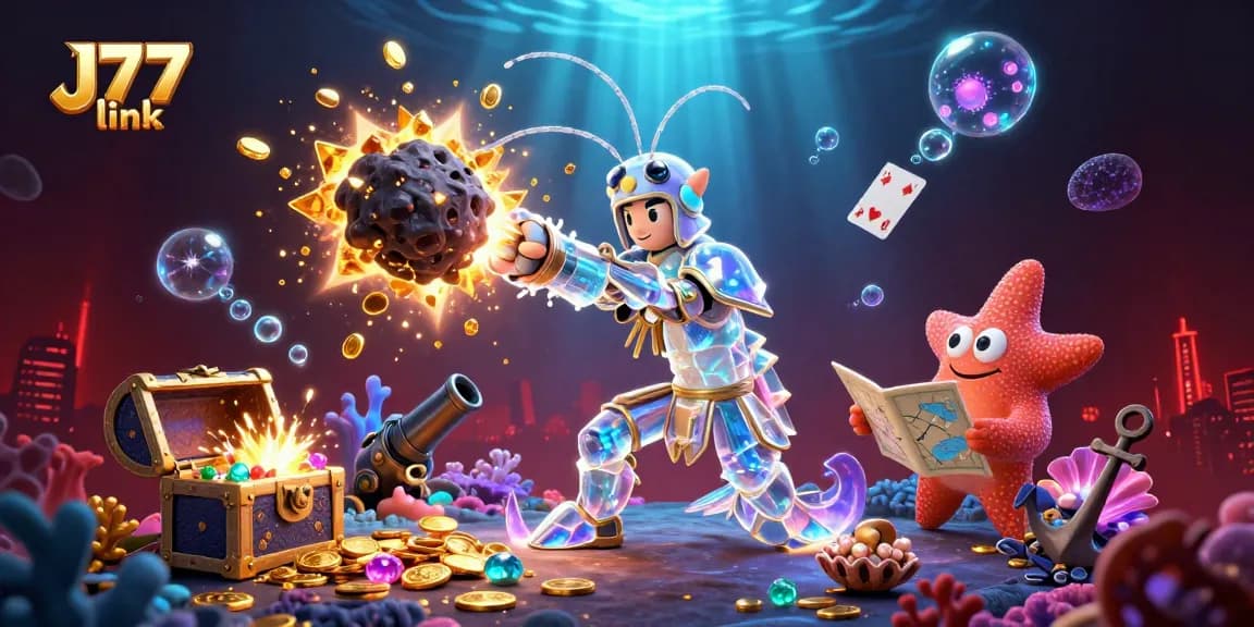 Experience the thrill of gaming with the J77 link, featuring a dynamic 3D scene filled with casino elements and excitement.