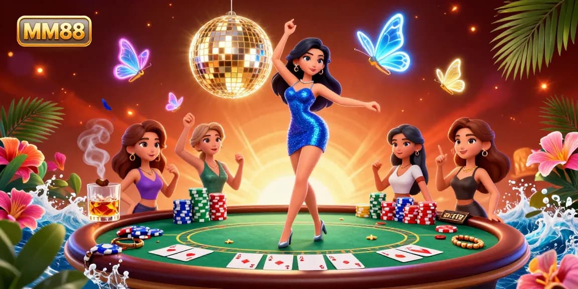 Experience vibrant gaming action at MM88 with this dazzling casino illustration featuring poker elements and a glamorous dancer.
